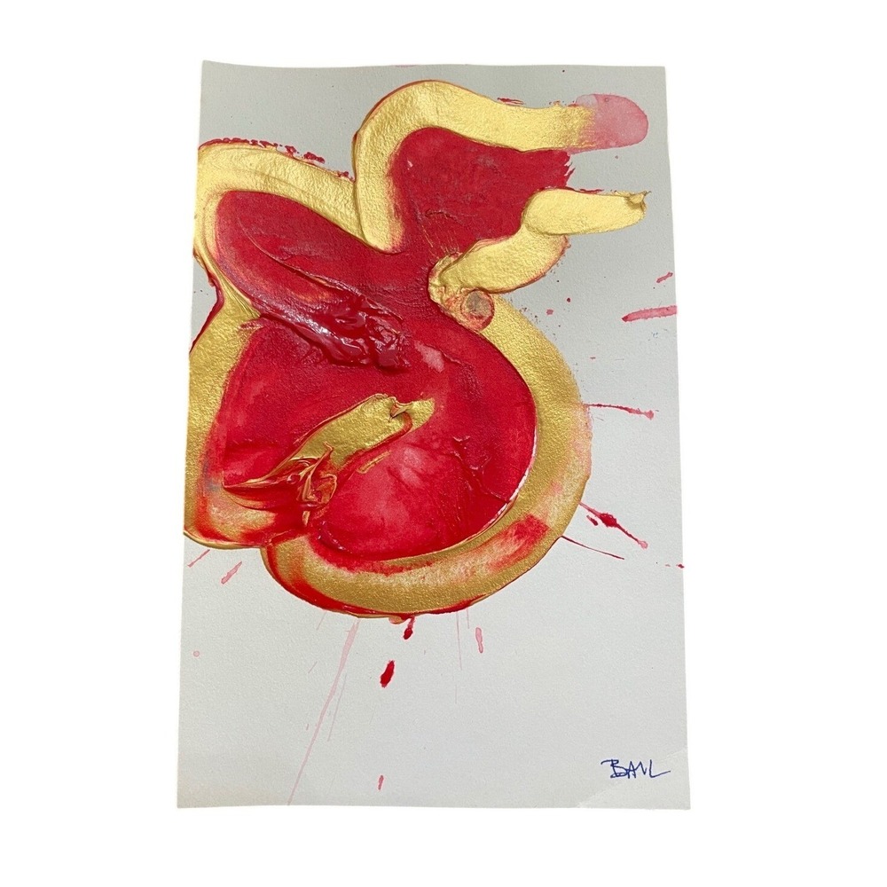 Original‎ Signed Graffiti Abstract Painting Red Gold Mixed Media 5.5x8.5 Art